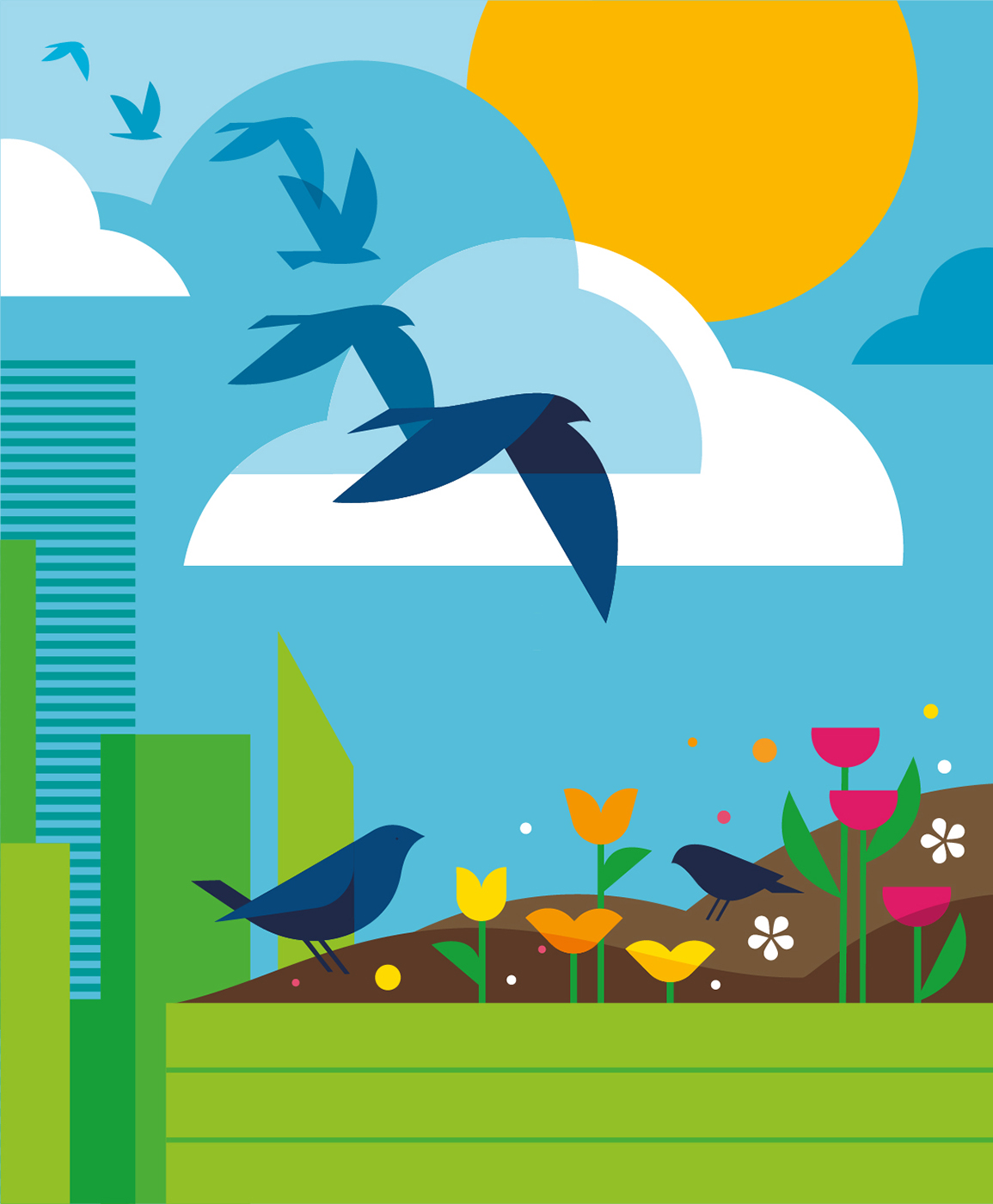 birds on rooftop illustration