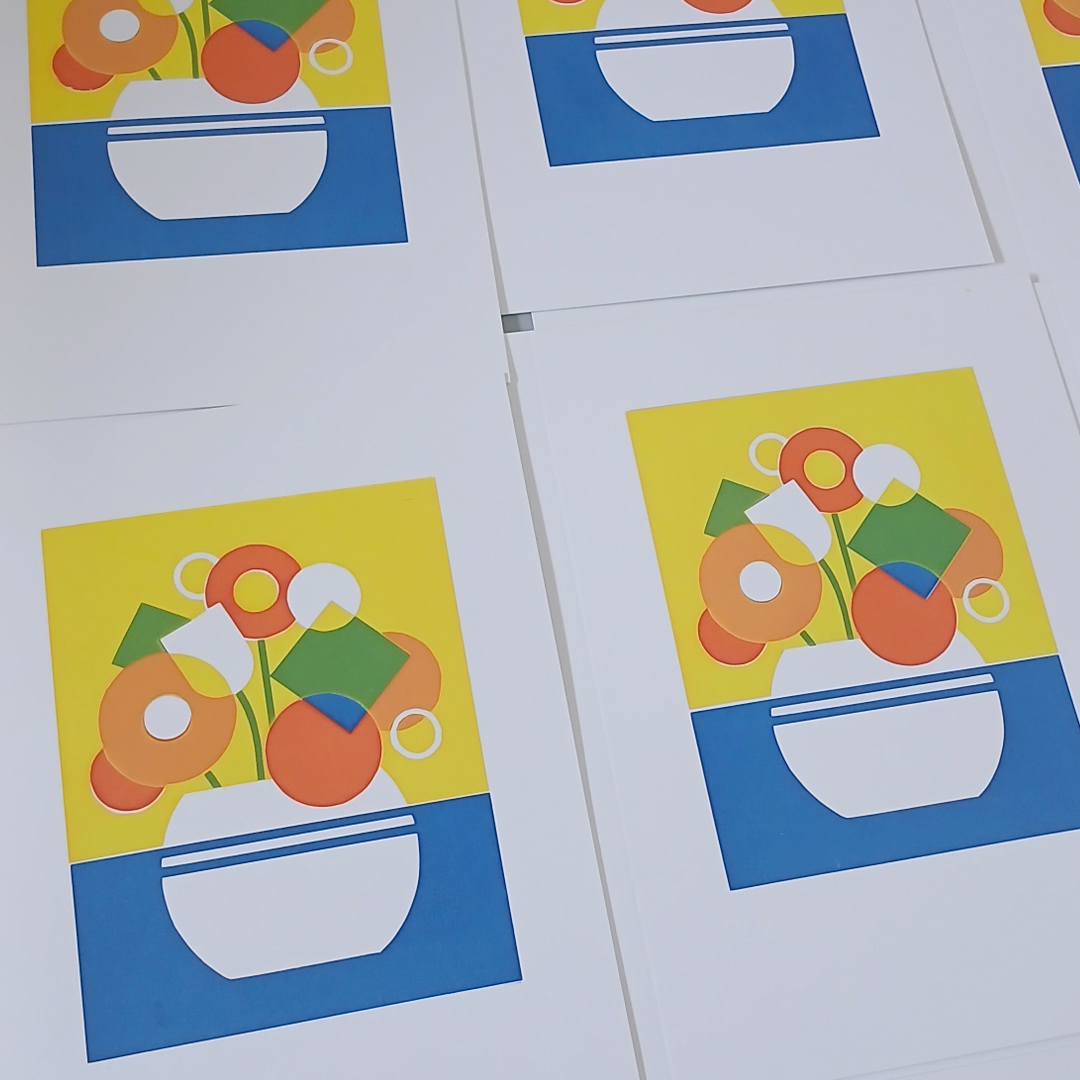 Screen printed geometric flower greetings card